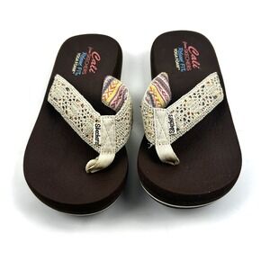 Skechers Flip Flops Women 9-9.5 Brown Crochet Relaxed Fit Yoga Foam‎ Sandals